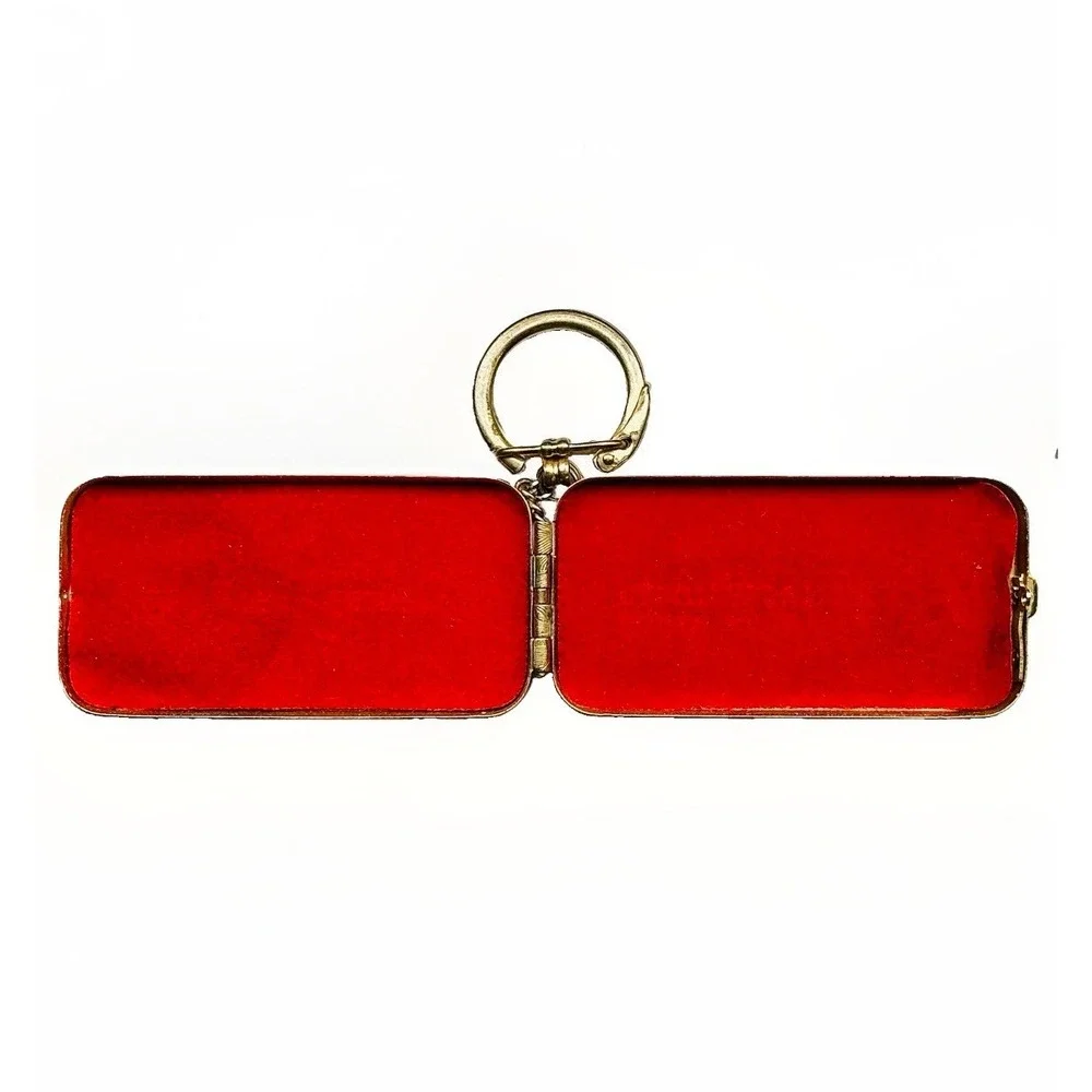 Vintage Gold Tone Charge Plate Holder Keychain Case Red Velvet Lining 1950s.